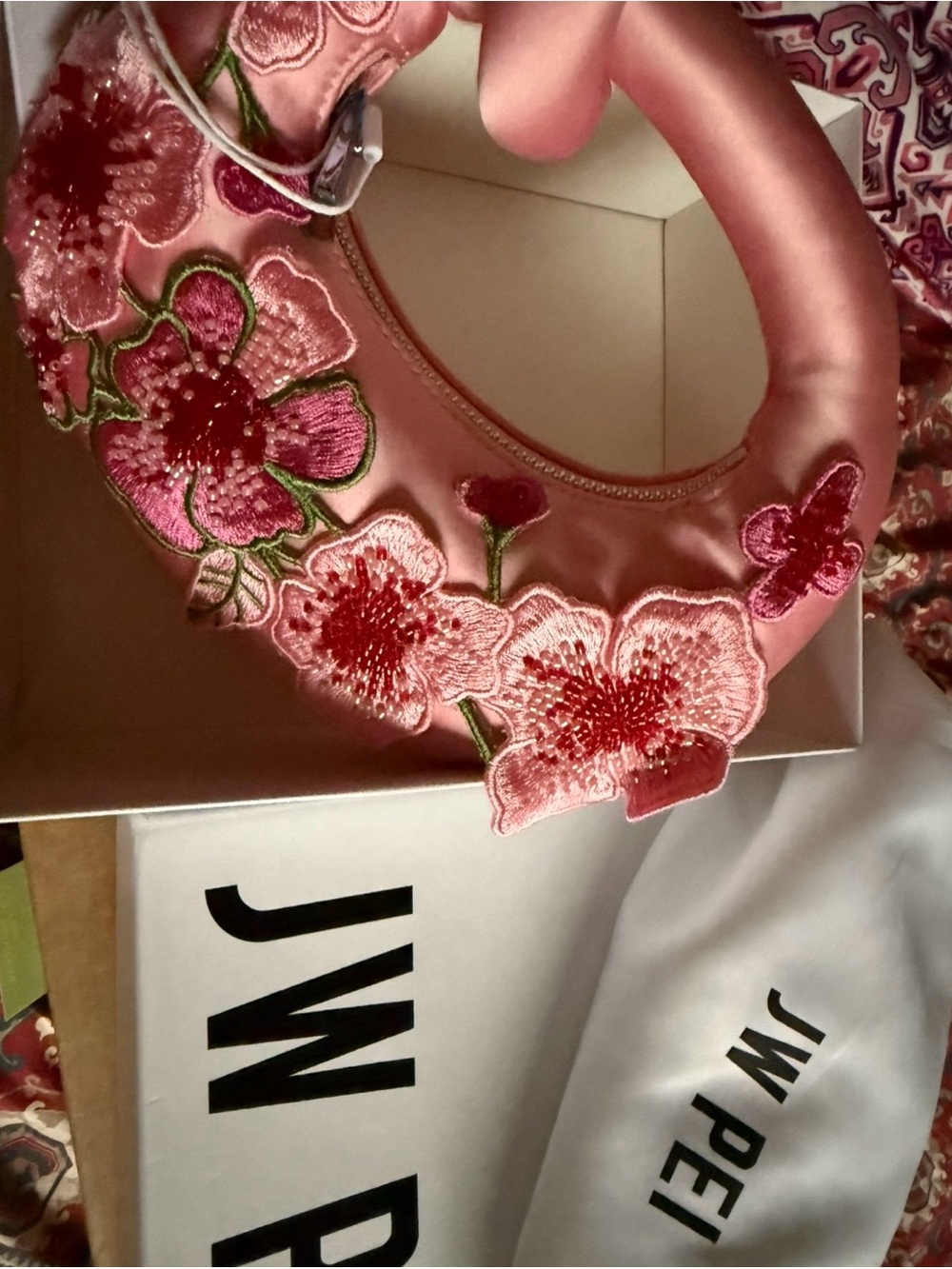 JW PEI Pink Floral Embroidered Satin Handle Bag